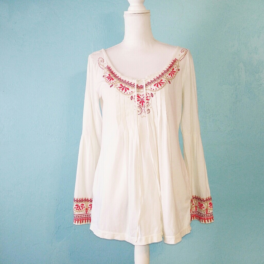 Johnny Was Embroidered Pleated Boho Tunic Top